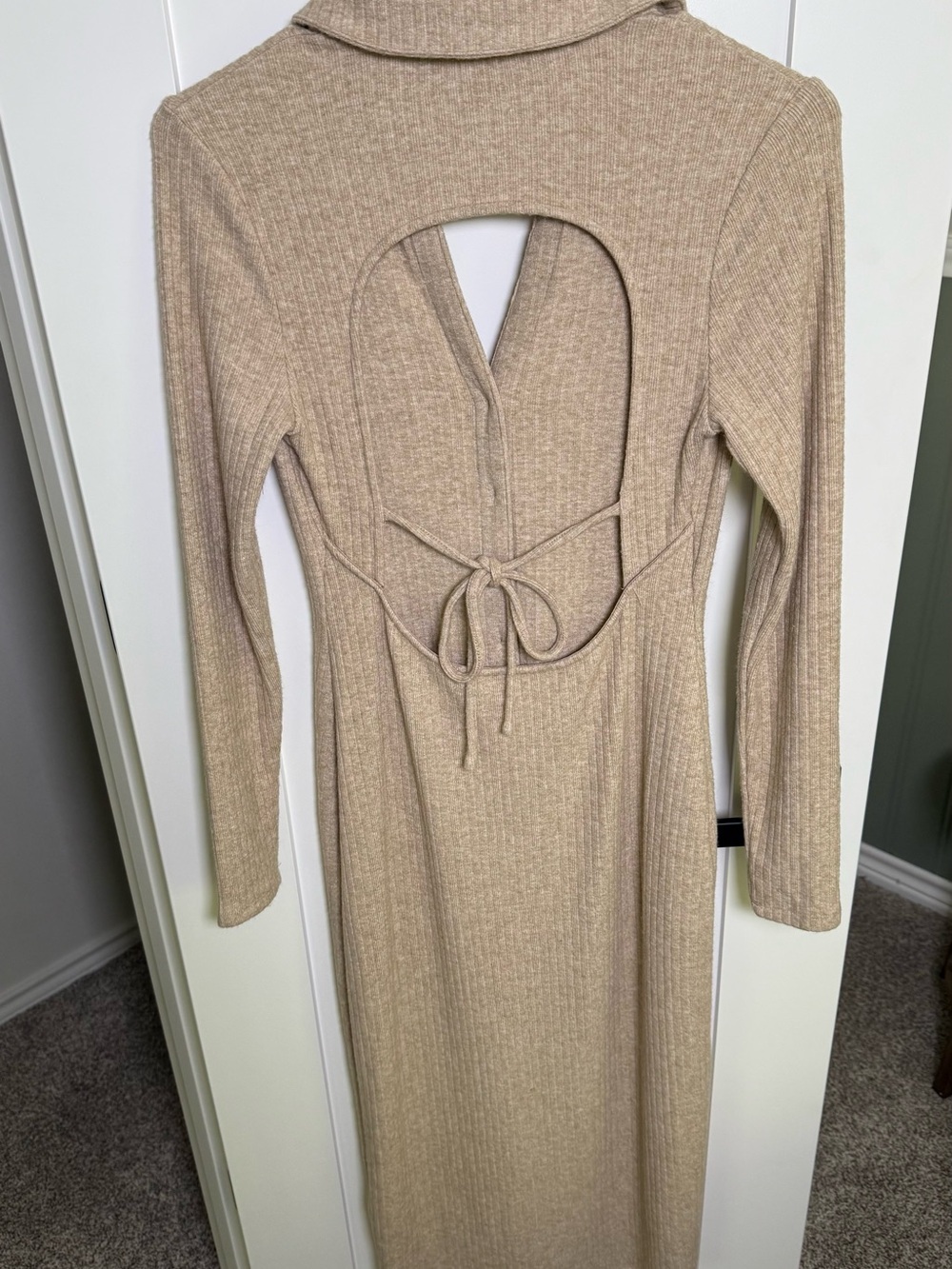 Astr Ribbed Long-Sleeve Button-Front Maxi Dress in Beige - Picture 5 of 5